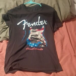 Fender Black T-Shirt with Patriotic Guitar Design Handmade On Front